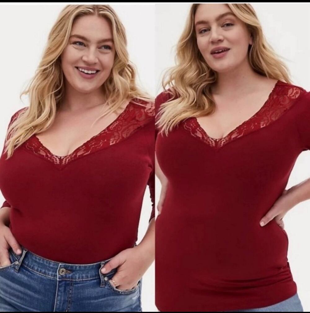 NWT Torrid Red Lace V Neck Fitted Long Sleeve Blouse Top